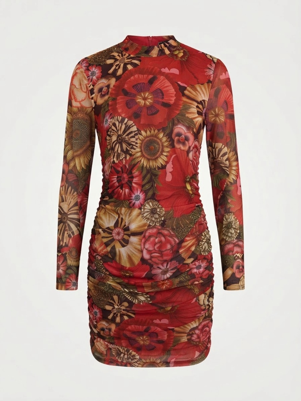 FARM Rio Flowershop Long Sleeve Ruched Tulle Mesh Mock Neck Floral Mini Dress M